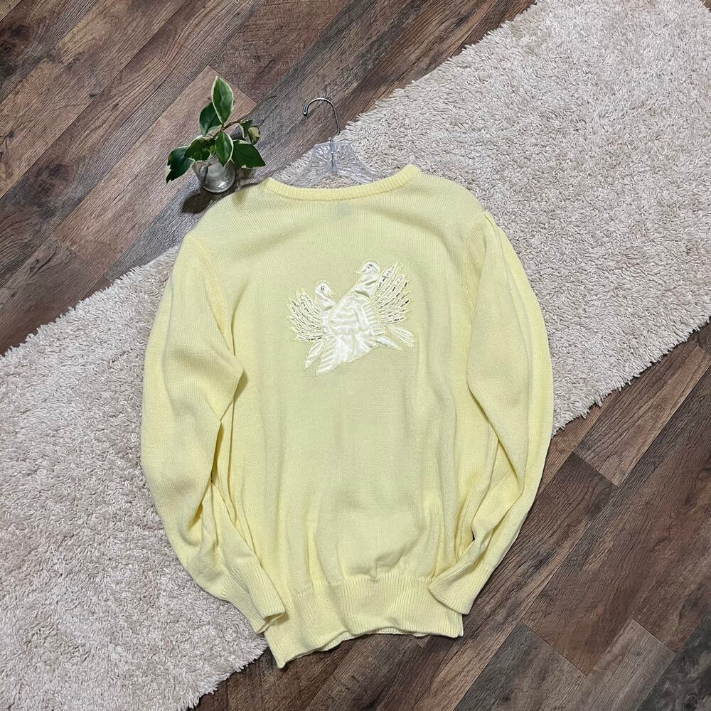 Vintage Large Yellow Satin Beaded Bird Puff Shoulder Crewneck Pullover Sweater